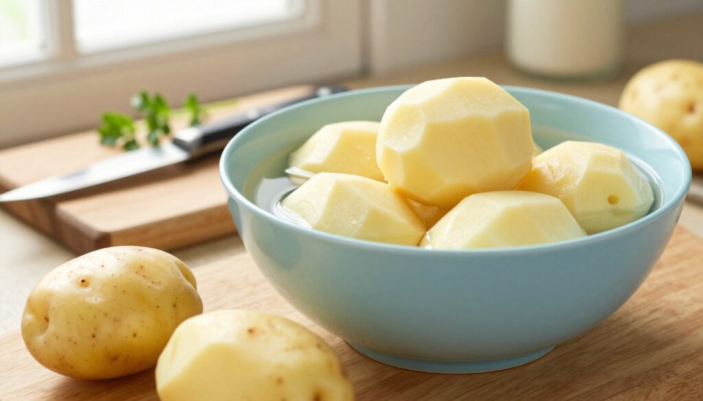 A close-up view of freshly peeled potatoes arranged in a light blue bowl filled with clear water, highlighting their smooth, clean surfaces. In the foreground, some potatoes are placed on a wooden kitchen countertop, showing their natural texture and slight sheen. The middle section features a small rustic cutting board with a paring knife resting beside it, hinting at the preparation process. In the background, soft natural light streams in from a window, creating a warm and inviting atmosphere, while a few sprigs of fresh herbs add a touch of color to the scene. The overall mood is calm and homey, perfect for showcasing the concept of storing peeled potatoes for future use.