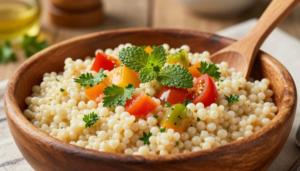 A close-up view of perfectly cooked "kuskusu perłowy" served in a rustic wooden bowl, showcasing its light, fluffy texture and pearl-like grains. The kuskus should be adorned with vibrant, fresh herbs such as parsley and mint, along with colorful vegetables like diced bell peppers and cherry tomatoes, adding a splash of color. The background features a softly blurred kitchen setting with warm, inviting lighting that creates a cozy atmosphere. A wooden serving spoon rests beside the bowl, hinting at an inviting, family-style meal. The composition focuses on the dish, highlighting its appeal for cooking enthusiasts. The angle should be slightly overhead to capture the details and textures beautifully, promoting a sense of warmth and appetizing allure.