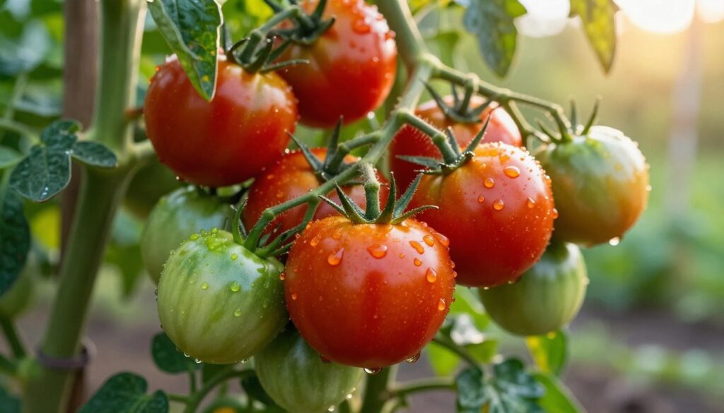 A close-up view of ripening tomatoes on the vine, showcasing a variety of stages from vibrant red ripe tomatoes to green, unripe ones. In the foreground, focus on the glossy texture and deep hues of the ripening tomatoes, with dew drops clinging to their surfaces, reflecting light. The middle ground features lush green leaves, providing a rich contrast to the tomatoes. The background fades softly into a blurred garden scene, with hints of additional greenery and blurred sunlight filtering through. The overall lighting is warm and inviting, suggesting a late afternoon glow. The atmosphere is fresh and natural, evoking the essence of home gardening and the importance of careful tomato storage based on ripeness.
