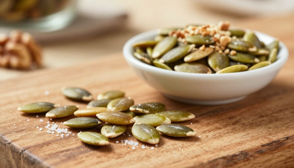 A close-up view of roasted pumpkin seeds scattered on a rustic wooden surface, highlighting their distinct green and tan colors, shiny texture, and slightly irregular shapes. In the foreground, capture a small handful of seeds, partially sprinkled with a light dusting of sea salt. The middle ground features a simple, elegant bowl containing more seeds, accompanied by a sprinkling of crushed nuts, such as walnuts and almonds, enhancing the rich, earthy color palette. The background consists of a slightly blurred kitchen setting, with warm, natural lighting casting gentle shadows, evoking a cozy and inviting atmosphere. The scene captures the essence of crunchy toppings for creamy soups, perfect for enhancing flavor and adding healthy fats, creating a harmonious and appetizing composition.
