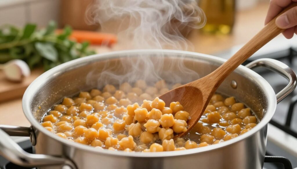 A close-up view of simmering chickpeas in a stainless steel pot on a stove, with steam gently rising from the surface, indicating they are cooking. In the foreground, a wooden spoon stirs the chickpeas, allowing a glimpse of the creamy texture. In the middle ground, vibrant ingredients like garlic cloves, bay leaves, and fresh herbs surround the pot, emphasizing the cooking process. The background features a cozy kitchen setting with warm, soft lighting, creating an inviting atmosphere. The image should have a slight depth of field, focusing on the pot while softly blurring the kitchen elements behind it, capturing the warmth and homeliness of the cooking experience.