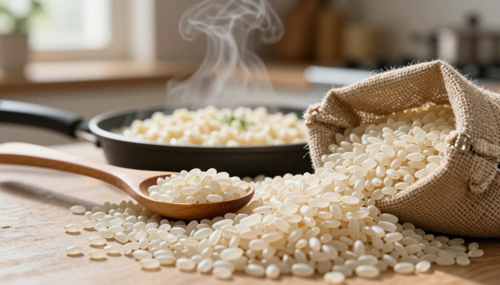 A close-up view of uncooked arborio rice grains, glistening with a slight sheen, showcasing their round and plump shapes. The foreground features a wooden spoon gracefully resting beside a rustic burlap sack filled with more arborio rice. In the middle, a small pot simmering with a creamy risotto is partially visible, with a wispy steam rising to imply warmth and freshness. The background is softly blurred, revealing a cozy kitchen setting with warm, natural light filtering through a window, casting gentle shadows. The atmosphere conveys a sense of comfort and culinary artistry, inviting viewers to appreciate the essential ingredient for a perfect risotto.
