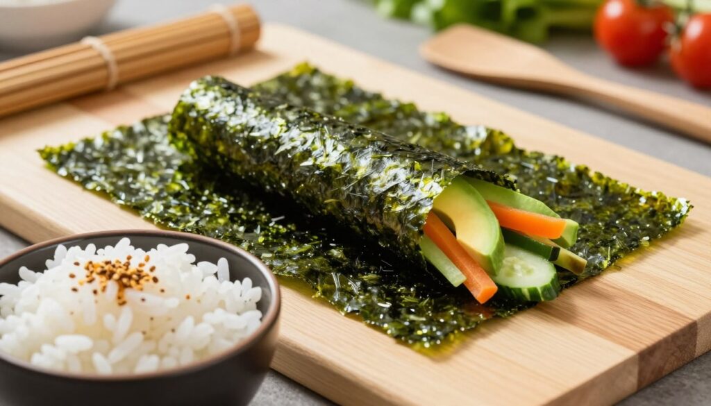 A close-up view of vibrant green nori sheets on a clean wooden sushi rolling mat, with a bowl of seasoned sushi rice prominently in the foreground. Delicately arranged, the nori is partially rolled with colorful vegetables like avocado and cucumber spilling out, showcasing a fusion of plant-based ingredients. Natural lighting illuminates the scene from the side, casting soft shadows and highlighting the texture of the nori. The background features a blurred kitchen setting with bamboo sushi tools and fresh vegetables, creating an inviting atmosphere. The overall mood is fresh and vibrant, emphasizing the art of sushi-making while focusing on the appealing, healthy aspects of using nori and plant-based ingredients.