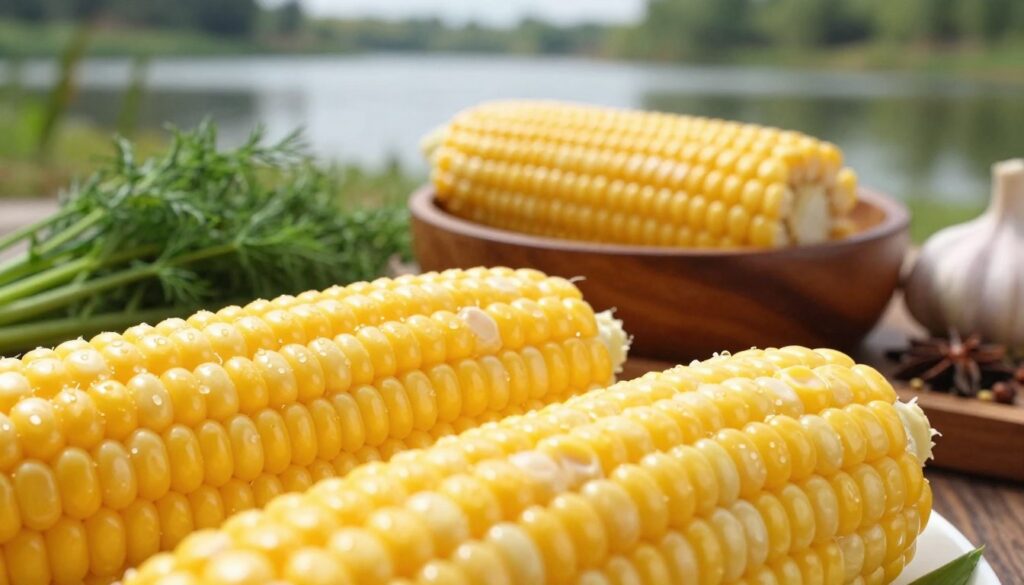 A close-up view of vibrant yellow corn kernels on the cob, freshly boiled and glistening with moisture. The foreground highlights the texture of the kernels, showcasing their juicy, plump appearance. In the mid-ground, a rustic wooden bowl holds the corn, surrounded by natural elements like fresh herbs and spices commonly used in fish baiting, such as dill and garlic. The background features a blurred fishing scene, with a calm lake and greenery, evoking a peaceful outdoor atmosphere. Soft, natural lighting illuminates the composition, creating a warm, inviting feel. The angle is slightly above eye level, inviting viewers to appreciate the details and freshness of the corn, highlighting its attractiveness as bait for fish and carp.