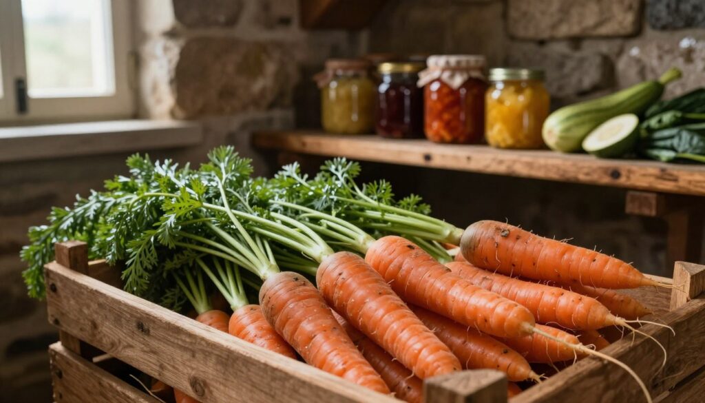 A cozy basement scene depicting a well-organized root vegetable storage area. In the foreground, wooden crates filled with fresh, vibrant orange carrots, their greens slightly wilted, giving an earthy feel. In the middle ground, a rustic wooden shelf holding jars of preserves and other vegetables, emphasizing a traditional storage method. The background features stone walls with a hint of moisture, and a small window letting in soft, diffused natural light that creates a warm and inviting atmosphere. The overall mood is homely and practical, evoking a sense of sustainable living and efficient storage techniques. The focus is clear on the carrots while maintaining a slightly blurred depth for the surrounding elements. No text or human figures present.