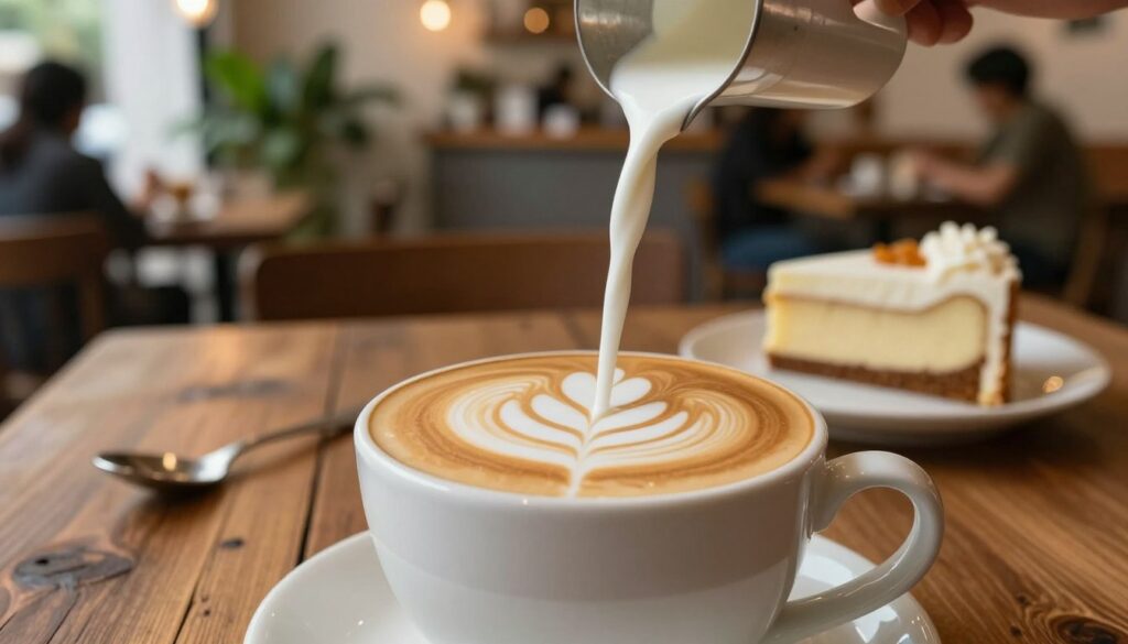 A cozy café setting emphasizing a cup of coffee with frothy soy milk beautifully poured on top, creating delicate latte art. In the foreground, focus on the creamy texture and rich color of the soy milk, contrasting with the dark coffee. The middle ground features a small wooden table with rustic elements, such as a ceramic spoon and an inviting slice of cake. The background shows a softly blurred café interior with warm lighting, hints of green plants, and blurred patrons enjoying their drinks. The atmosphere should feel relaxing and inviting, perfect for illustrating the comforting qualities of soy milk as a coffee alternative. The scene should capture a cozy vibe, inviting readers to explore the delightful experience of enjoying soy milk in coffee.