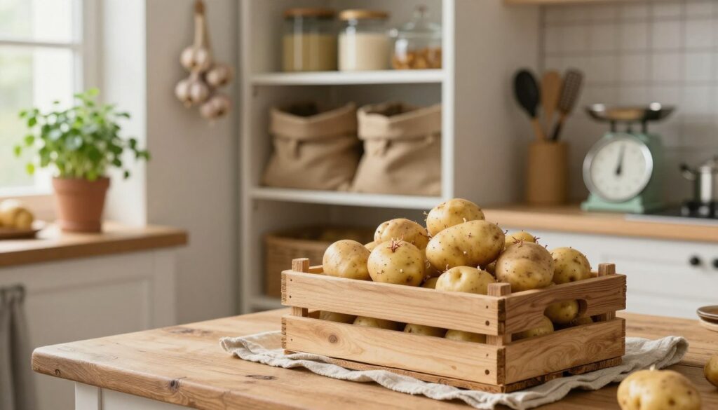 A cozy home kitchen scene showcasing the ideal storage of potatoes to prevent sprouting. In the foreground, a wooden crate filled with fresh, unblemished potatoes rests on a rustic table, surrounded by a soft, warm cloth. The middle ground features a well-organized pantry, with shelves containing breathable burlap sacks and a few cooking tools. Natural daylight filters through a nearby window, casting a gentle glow, and illuminating a potted herb plant for added freshness. The background includes soft hints of kitchen decor, such as hanging garlic and an old-fashioned scale. The atmosphere is inviting and homely, emphasizing efficiency and care in food storage practices. Capture the warmth and simplicity of home life focused on preserving produce.