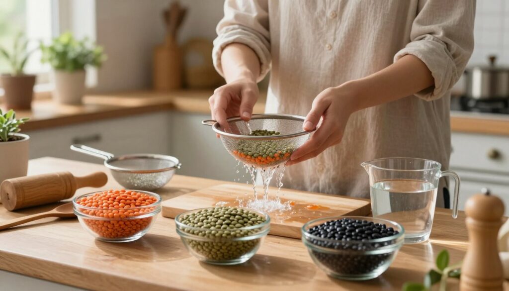 A cozy kitchen countertop scene focusing on the preparation of lentils before cooking. In the foreground, glistening red, green, and black lentils are displayed in clear glass bowls, showcasing their texture and vibrant colors. Nestled beside the bowls are utensils like a wooden spoon, a small sieve for rinsing, and a measuring cup filled with water. In the middle ground, a person in a modest casual outfit is gently rinsing the lentils in the sieve under running water, concentrating on the task. The background features a softly lit kitchen with rustic shelves, herbs in pots, and a hint of natural sunlight streaming through a window, creating a warm, inviting atmosphere. The image conveys a sense of calm preparation, emphasizing the importance of cleanliness and care in cooking.