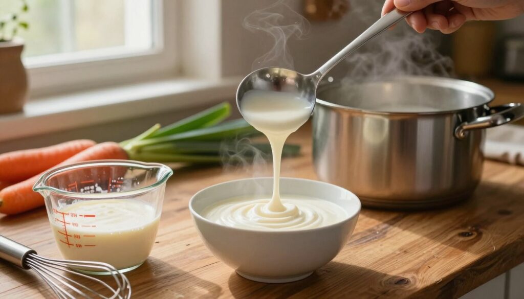 A cozy kitchen scene depicting the delicate process of thickening soup without cream, focusing on a small bowl of whipped cream and a ladle poised above a steaming pot of soup. In the foreground, a glass measuring cup filled with a thin, creamy mixture sits next to a whisk, illustrating alternative ingredients for lightening soup. The middle ground features a wooden table with vegetables, such as carrots and leeks, scattered around, emphasizing freshness and color. In the background, soft light filters through a window, casting a warm glow over the rustic kitchen, creating an inviting atmosphere. The composition captures the art of cooking, emphasizing the delicate balance between preventing curdling and enhancing flavor. Ideal for a culinary article, this image evokes a sense of warmth and culinary creativity.