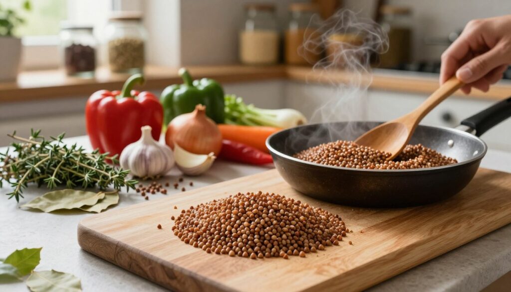 A cozy kitchen scene depicting the process of toasting buckwheat groats, known as "prażenie kasza gryczana." In the foreground, a wooden cutting board features a small pile of golden-brown, toasted buckwheat, emitting a slight steam. A rustic frying pan with groats is gently stirred with a wooden spoon, showcasing the texture and color contrast. In the middle ground, a colorful assortment of spices like thyme, garlic, and bay leaves are arranged artfully alongside fresh vegetables such as bell peppers and onions for added flavor. The background reveals a warm, softly lit kitchen with shelves filled with jars of grains and spices, creating an inviting atmosphere. The scene is captured in a slightly overhead angle, emphasizing the ingredients' detail, with natural light filtering through a nearby window, illuminating the textures and colors beautifully.