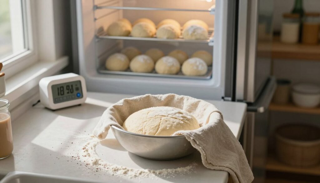 A cozy kitchen scene, featuring a countertop with a bowl of pizza dough gently thawing, covered with a light cloth to maintain warmth. In the foreground, there are small flour specks scattered around, showing preparation work. The middle ground showcases a partially open refrigerator, revealing a box of frozen dough balls with frost visible, while a timer ticks down on the counter. Soft, natural light streams in from a window, casting gentle shadows and creating an inviting atmosphere. The background hints at shelves filled with baking essentials, creating a homely vibe. The mood should be warm and peaceful, inviting the viewer to imagine the anticipation of fresh pizza baking. An overhead shot captures the entire setup, emphasizing the beautiful textures of the dough and ingredients.