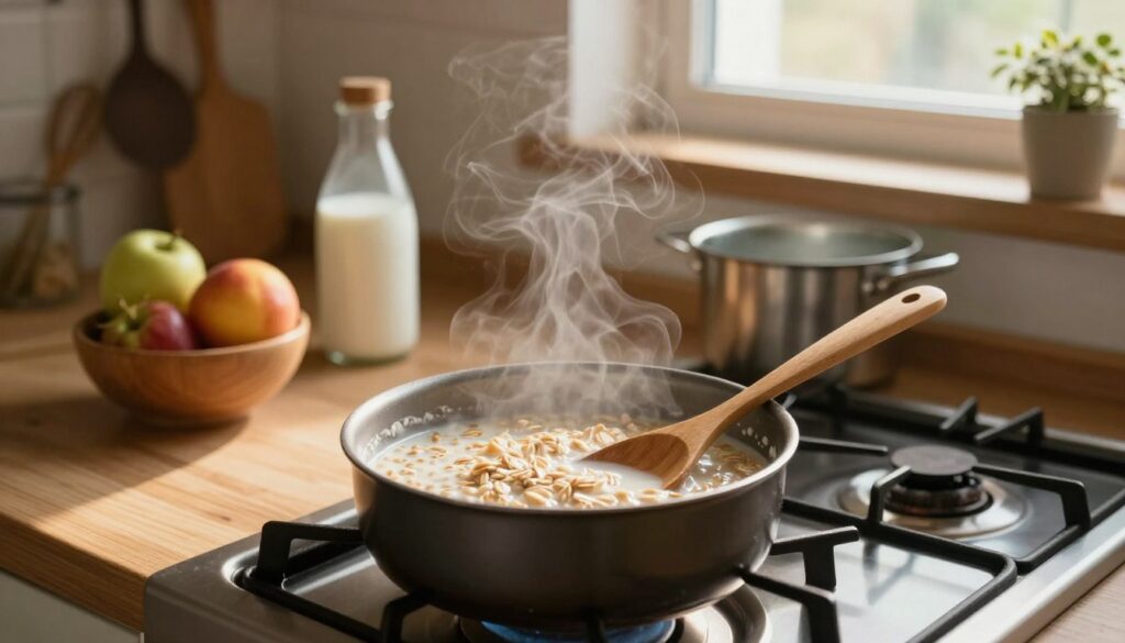 A cozy kitchen scene featuring a small saucepan filled with oats cooking on a stovetop. In the foreground, the saucepan simmers gently, with steam rising as oats thicken into a creamy texture. A wooden spoon rests beside it, invitingly placed. In the middle ground, various ingredients like a small bowl of fresh fruits, milk, and a pot of water are arranged on a wooden countertop, enhancing the cooking atmosphere. The background features warm natural lighting coming through a window, casting a soft glow that creates a welcoming ambiance. The walls have a rustic charm, adorned with kitchen utensils. The overall mood is warm and inviting, perfect for a cozy cooking session.