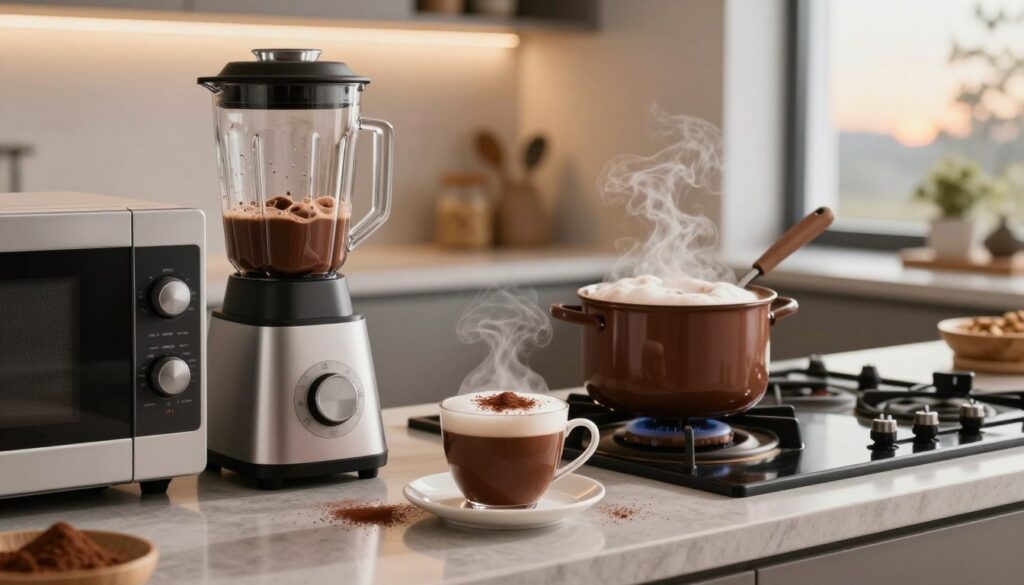 A cozy kitchen scene featuring a stylish countertop with a steaming cup of rich, velvety kakao garnished with a sprinkle of cocoa powder. In the foreground, there’s a sleek blender and a microwave, reflecting modern kitchen appliances for quick preparation. The middle ground showcases an elegant pot on the stove, with frothy, bubbling kakao being stirred gently. In the background, soft, warm lighting illuminates the kitchen, creating an inviting atmosphere. A window shows a view of a tranquil morning outside, adding a sense of calm. The composition captures the essence of convenience and luxury, emphasizing the ease of making gourmet kakao at home.