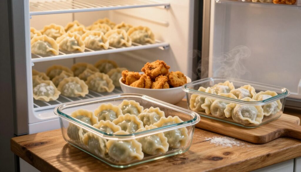 A cozy kitchen scene featuring a well-organized refrigerator with pierogi stored on different shelves. In the foreground, focus on a clear glass container filled with freshly boiled pierogi, showcasing their delicate, golden-brown edges and glossy surface. Beside it, another container holds raw uncooked pierogi, their dough slightly flour-dusted. In the middle, a bowl of crispy fried pierogi rests on a wooden cutting board, with steam gently rising. The background displays soft, warm lighting that enhances the inviting atmosphere of the kitchen, highlighting the stainless steel interior of the fridge and a rustic wooden table. The overall mood is warm and homely, inviting the viewer to learn about preserving these delicious dumplings.