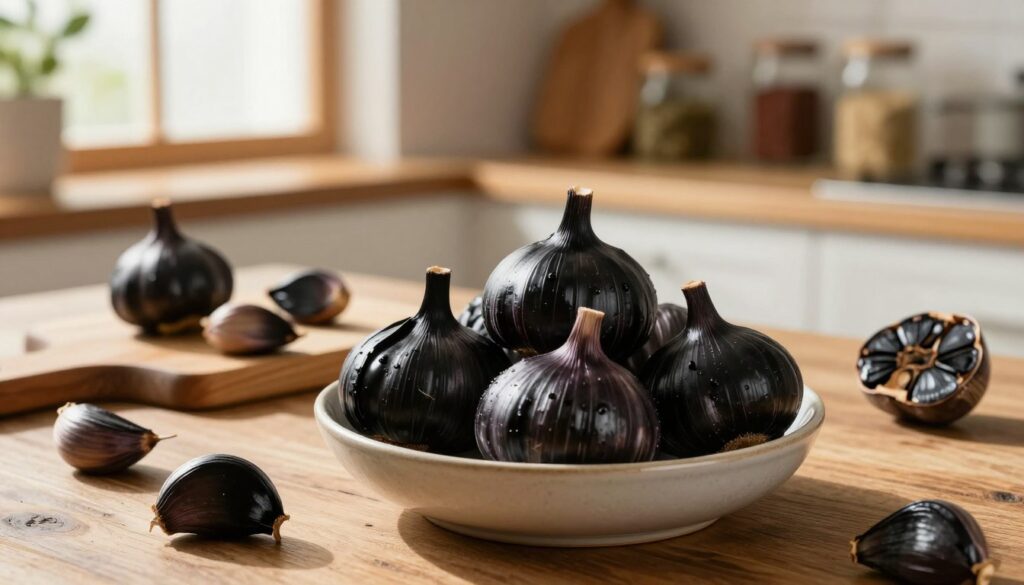 A cozy kitchen scene featuring black garlic prominently displayed on a rustic wooden table. In the foreground, a beautiful bowl filled with whole black garlic bulbs, showcasing their deep, rich color and glossy skin. In the middle, a wooden cutting board with a few peeled cloves, emphasizing their unique texture. The background includes shelves with jars of spices and herbs, softly lit to create a warm and inviting atmosphere. Natural light filters through a nearby window, highlighting the glossy surfaces and creating gentle shadows. The overall mood is serene and homely, perfect for illustrating the care and storage of black garlic at home, ensuring it retains its aromatic quality.