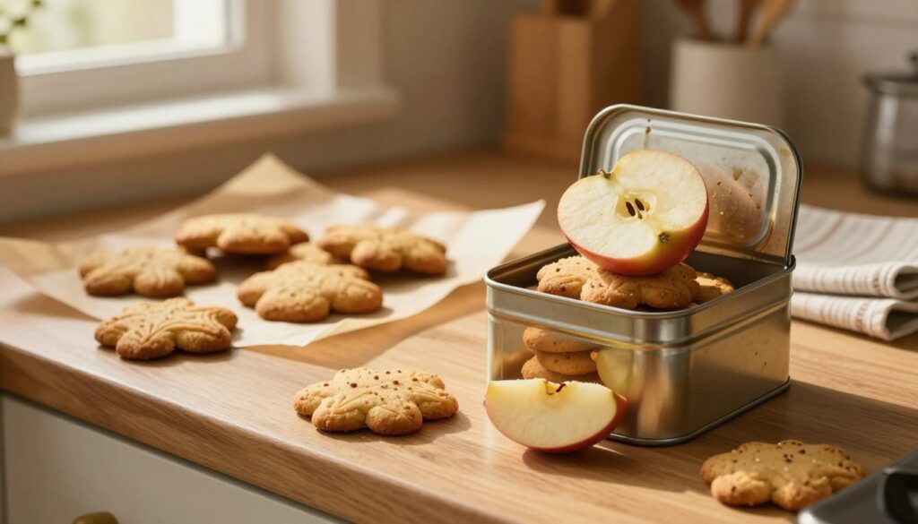 A cozy kitchen scene featuring freshly baked gingerbread cookies, beautifully arranged on a wooden countertop. In the foreground, a vintage tin can is opened, revealing a stack of soft, spiced gingerbread cookies inside, with a small slice of apple resting on top, symbolizing freshness preservation. The middle ground includes parchment paper and a neatly folded cloth, complementing the warm tones of the kitchen. Soft, golden lighting pours in through a window, casting gentle shadows and creating a warm, inviting atmosphere. In the background, a blurry view of kitchen utensils and a spice rack adds to the homely vibe, emphasizing the theme of preserving baked goods. The overall mood is comforting and nurturing, highlighting the importance of proper gingerbread storage.