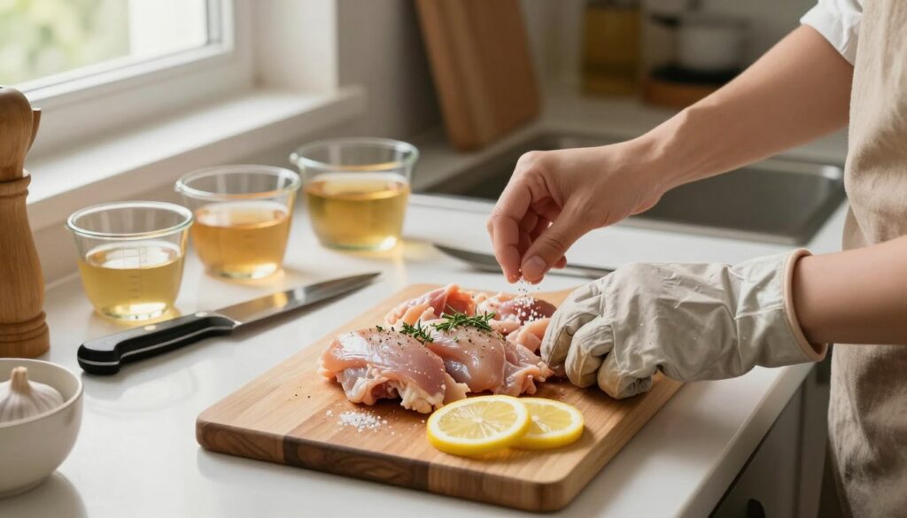 A cozy kitchen scene focused on the preparation for cooking juicy chicken. In the foreground, a wooden cutting board with raw chicken pieces seasoned with herbs, garlic, and lemon slices. A pair of hands, clad in neat, modest cooking gloves, are arranging the ingredients, adding a sprinkle of salt. In the middle, a bright kitchen table lined with various kitchen utensils like a chopping knife, cutting board, and measuring cups filled with broth ingredients. A softly glowing window in the background allows natural light to filter in, casting a warm, inviting glow across the scene. The atmosphere is calm and serene, evoking a sense of careful preparation and love for cooking, shot from a slightly elevated angle to capture all elements harmoniously.