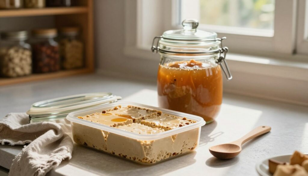 A cozy kitchen scene focused on the proper storage of halva. In the foreground, a beautifully arranged open container showcasing fresh halva, with soft textures, and natural colors. Next to it, adorned with elegant pieces of linen and a small wooden spoon. The middle ground features a vintage glass jar with a lid, demonstrating the ideal storage method. Light filters through a nearby window, casting a warm, inviting glow that enhances the rich caramel tones of the halva. The background subtly displays shelves filled with spices and dry goods, adding a homely atmosphere. Emphasize freshness and the idea of preserving flavor, creating a calm and inviting mood, perfect for a household setting.