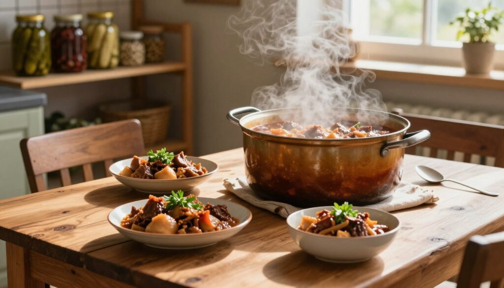 A cozy kitchen scene showcasing a large pot of bigos, with steam rising and a rich, savory aroma filling the air. In the foreground, a wooden table is elegantly set with a few bowls of the hearty dish, garnished with fresh herbs. Bright sunlight filters through a nearby window, casting soft shadows, highlighting the glossy texture of the bigos and the rustic wooden surface. In the middle background, shelves are neatly organized with jars of pickles and spices, adding a warm, homey feel. The atmosphere is inviting and comforting, evoking a sense of tradition and care in food preservation. Use a soft focus to enhance the warm colors and create a welcoming ambiance, reflecting the joy of cooking and sharing food safely.