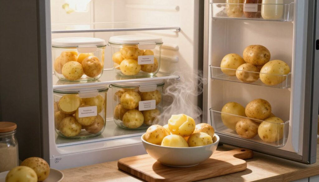A cozy kitchen scene showcasing cooked potatoes being stored properly to maintain freshness. In the foreground, a wooden cutting board holds a small bowl of freshly boiled potatoes, steam wafting gently upwards. In the middle, an open refrigerator reveals a neat arrangement of containers, with clear labels, storing the potatoes in airtight glass jars to prevent spoilage. Behind, sunlight streams through a window, casting warm, inviting light, accentuating the rustic kitchen decor. Soft shadows create a calm atmosphere, highlighting the importance of food preservation. Focus on a slightly elevated angle for a comprehensive view of the refrigerator and the potatoes laid out attractively. Aim for a homey, practical ambiance that encourages viewers to be mindful of food storage.