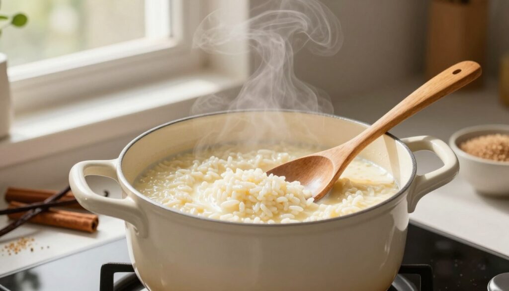 A cozy kitchen scene with a pot of creamy rice pudding gently simmering on the stove. In the foreground, the pot is filled with glistening white rice, partially submerged in rich, warm milk, producing a soft steam that rises into the air. A wooden spoon rests beside the pot, invitingly placed. In the middle background, bright, natural light filters through a window, painting the scene with warm tones and casting soft shadows. An assortment of ingredients like vanilla pods, cinnamon sticks, and sugar are artfully arranged nearby. The atmosphere is warm and inviting, evoking a sense of comfort and homeliness, perfect for a culinary setting focused on a classic dish.