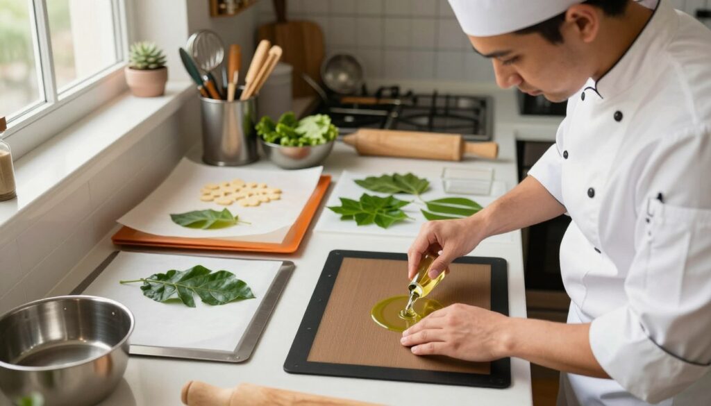A cozy kitchen setting featuring a professional chef demonstrating various food preparation techniques aimed at enhancing the effectiveness of baking alternatives. In the foreground, the chef, dressed in a crisp white apron and chef’s hat, is applying oil and using a silicone baking mat to prevent sticking. The middle section showcases an array of safe baking alternatives like parchment paper replacements: metal bakeware, reusable silicone mats, and leaves. Soft, natural lighting filters in from a window, creating a warm and inviting atmosphere. The background is filled with organized kitchen tools and fresh ingredients, adding context to the cooking process. The overall mood is focused and instructional, emphasizing innovation in baking techniques.