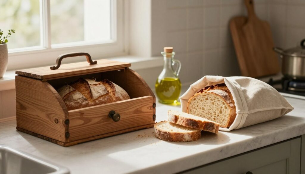 A cozy kitchen setting showcasing various effective methods to store bread. In the foreground, a rustic wooden bread box with a lid slightly open, revealing a freshly baked loaf inside. Beside it, a neatly folded cloth bread bag, holding a few slices of another loaf. In the middle of the scene, a well-organized countertop with a small dish of olive oil and herbs, suggesting preservation methods. The background features a window with sheer curtains allowing soft, natural light to fill the room, casting gentle shadows that create a warm atmosphere. The overall color palette should be earthy tones, evoking a sense of homeliness and warmth, ideal for family-oriented bread storage tips. No text or watermarks are included in the image.