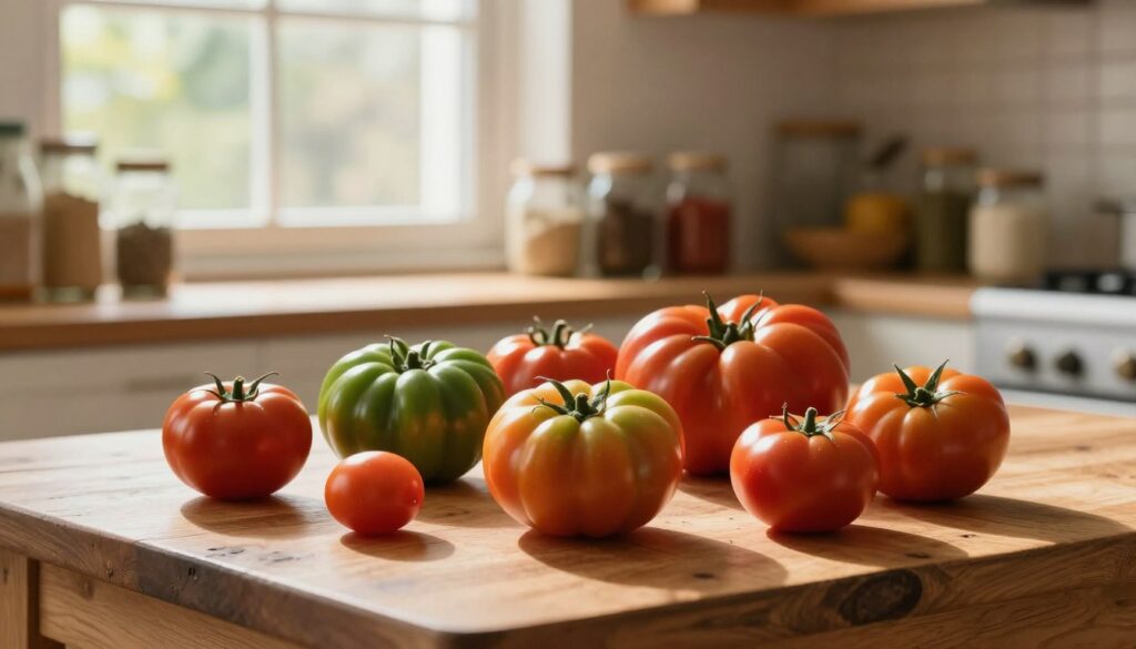 A cozy kitchen setting with a rustic wooden table in the foreground, adorned with fresh, ripe tomatoes of various sizes and colors, emphasizing their natural sheen. In the middle ground, a window lets in warm, soft natural light, casting gentle shadows that create a welcoming atmosphere. The background features neatly arranged kitchen shelves stocked with jars of spices and herbs, hinting at culinary creativity. The overall mood is inviting and warm, evoking a sense of comfort and freshness. Capture this scene using a warm color palette, with a shallow depth of field to focus on the tomatoes, highlighting their vibrant colors and textures, representing the ideal room temperature for preserving flavor.