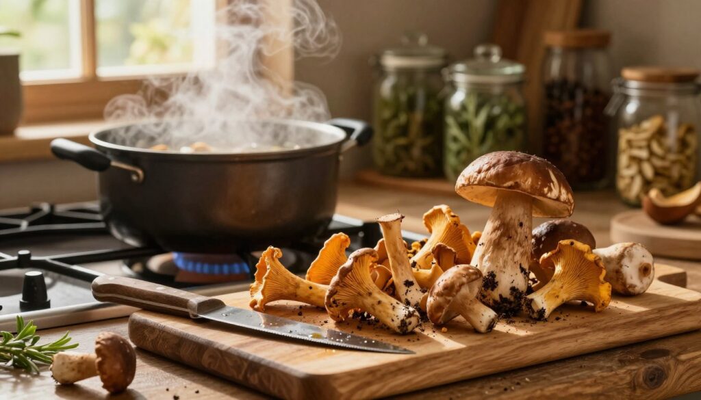 A cozy, rustic kitchen setting where fresh mushrooms are being prepared for a delicious forest-flavored soup. In the foreground, a wooden cutting board displays a variety of wild mushrooms, such as chanterelles and porcini, still covered in earthy soil. A sharp knife rests beside them, glistening with moisture. In the middle ground, a pot is gently simmering over a stove, with steam wafting up, creating a warm atmosphere. The background reveals shelves filled with jars of herbs and spices, softly lit by warm golden light pouring in from a window, casting inviting shadows. The scene evokes a sense of comfort and culinary artistry, perfect for illustrating the process of creating an intense “forest” aroma in the soup.