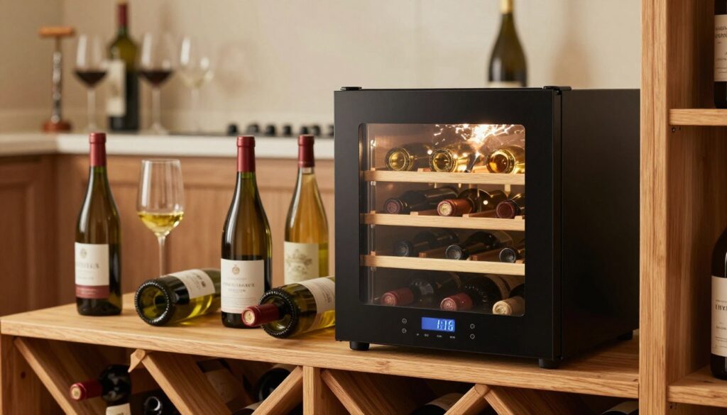 A cozy, well-organized home wine storage area showcasing key conditions for optimal wine preservation. In the foreground, a beautifully arranged wooden wine rack holds an assortment of wine bottles, some standing upright and others horizontally displayed, emphasizing proper bottle positioning. The middle layer features a temperature-controlled wine cooler, with a digital display indicating an ideal temperature. Soft, warm lighting illuminates the scene, creating an inviting atmosphere. In the background, a softly blurred kitchen environment with subtle elements like wine glasses and a corkscrew suggests a wine-centric lifestyle. The overall mood is sophisticated yet homey, reflecting the care and attention needed for wine storage.