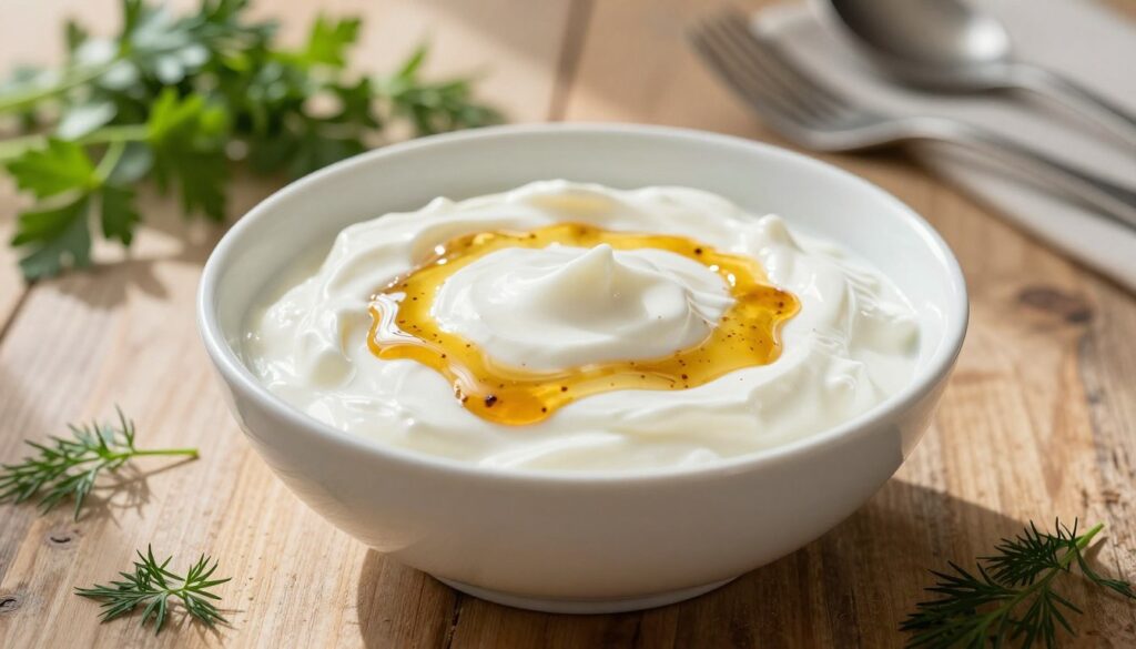 A creamy serving of yogurt in a delicate white bowl, artistically drizzled with a rich, golden sauce, sits on a rustic wooden table. The yogurt's texture is smooth and inviting, while the sauce creates an appealing contrast, glistening with a hint of spice. Fresh herbs, such as parsley or dill, are scattered around the dish, adding a splash of green. Soft, natural sunlight pours in from a nearby window, creating gentle highlights and shadows that enhance the creamy surfaces. The image is captured at eye level with a shallow depth of field, emphasizing the yogurt and sauce while softly blurring the background, which features a blurred table setting with kitchen utensils. The overall mood is warm and inviting, perfect for inspiring culinary creativity.