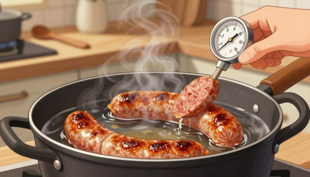 A detailed illustration of a delicious sausage being carefully cooked in a pot, demonstrating the perfect poaching technique to avoid bursting. In the foreground, a close-up of the sausage shows its juicy texture and rich color. The middle layer features a pot filled with steaming water, with a thermometer displaying the ideal cooking temperature. The background includes a cozy kitchen setting with wooden countertops and cooking utensils arranged neatly. Soft, warm lighting enhances the inviting atmosphere, while a subtle steam rises from the pot, adding a sense of warmth. The angle captures the essence of home cooking, emphasizing technique and precision in sausage preparation, creating a mouthwatering scene that reflects attention to quality and flavor.