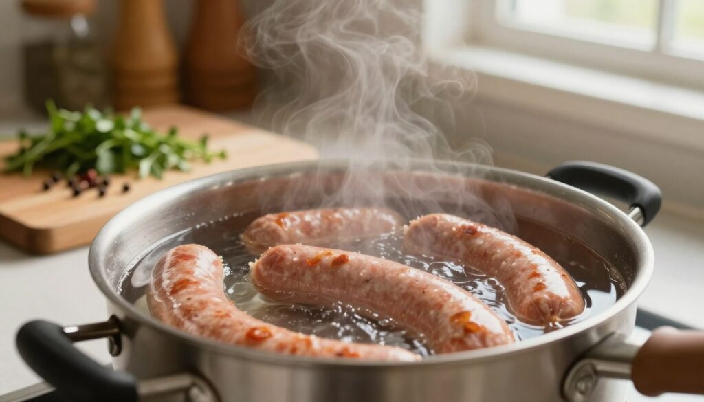 A detailed step-by-step method of boiling sausage in water, showcasing a home kitchen setting. In the foreground, a pot filled with simmering water is prominently visible, with sausages submerged, showcasing their plump form. A close-up view captures the moment where the steam gently rises, adding a sense of warmth. In the middle ground, a wooden cutting board holds freshly chopped herbs and spices, enhancing the aromatic quality of the scene. The background features kitchen utensils and a window with soft, natural light filtering through, casting gentle shadows. The overall atmosphere is cozy and inviting, reflecting the home-cooking experience. The shot is taken with a warm lighting setup to enhance the inviting feel while keeping all elements in focus.