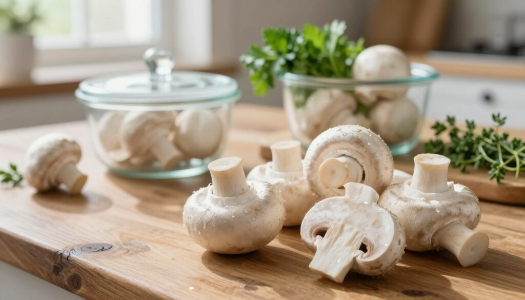 A fresh, appealing arrangement of white button mushrooms displayed on a rustic wooden kitchen table. In the foreground, a close-up of a few whole mushrooms, showcasing their smooth caps and delicate gills, glistening with moisture. In the middle background, a small kitchen scale and a glass container with a lid, indicating proper storage for mushrooms, along with fresh herbs like parsley and thyme to highlight flavor. Soft, natural light streams through a nearby window, casting gentle shadows, creating a warm, inviting atmosphere. The scene evokes freshness and culinary inspiration, ideal for illustrating proper mushroom storage and freshness indicators without any text or distractions.