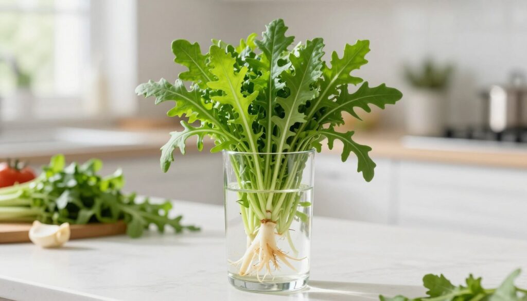 A fresh bunch of arugula, vibrant green with deep serrated leaves, stands upright in a clear glass vase filled with water. The roots are submerged, showcasing their natural form, while the leaves fan out like a bouquet, catching soft, natural sunlight. The background is a blurred kitchen countertop filled with fresh vegetables and herbs, enhancing the freshness of the scene. The lighting is bright and airy, creating a refreshing and inviting atmosphere. The camera angle is slightly above eye-level, capturing the entire arrangement of arugula and the translucent water, emphasizing the idea of storage akin to a floral bouquet. The overall mood is crisp, clean, and healthful, ideal for illustrating effective storage tips for arugula.