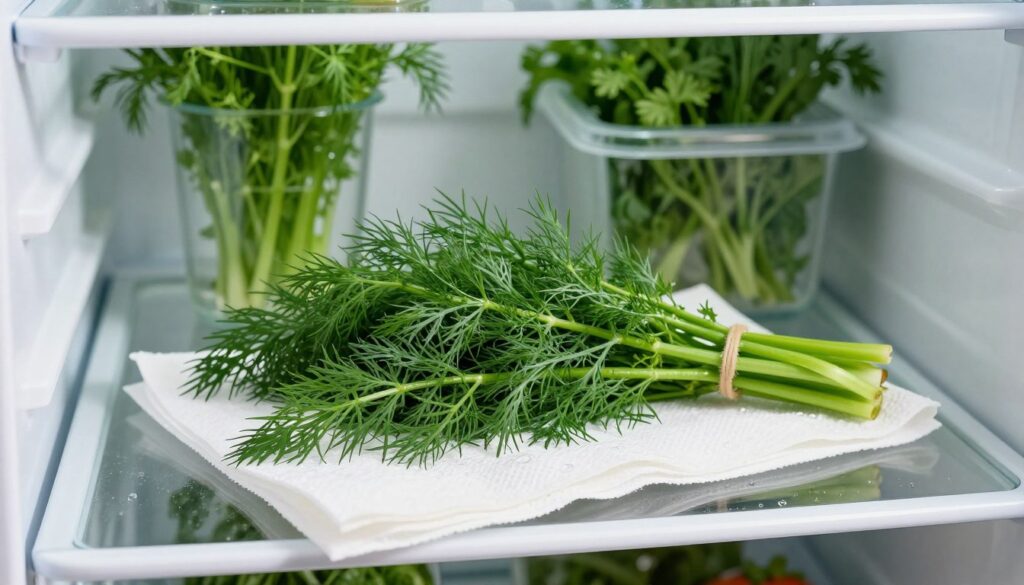 A fresh bunch of dill resting on a clean, absorbent paper towel, placed neatly inside a clear, well-organized refrigerator. The scene captures the vivid green leaves of the dill, glistening slightly as if recently washed, with droplets of water remaining for freshness. Soft, natural light filters in from the refrigerator’s interior, casting gentle shadows and illuminating the vibrant colors. In the background, neatly arranged containers of other herbs and vegetables provide context, while a subtle hint of frost can be seen on the glass shelves, enhancing the cool atmosphere of the fridge. The focus is sharp on the dill, showcasing its fine details, while the overall mood conveys freshness and organization, ideal for preserving herbs like dill in a refrigerator.