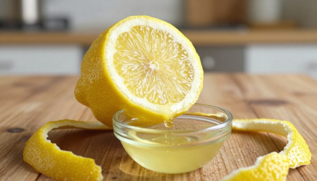 A freshly sliced lemon sits on a rustic wooden table, its vibrant yellow flesh glistening with droplets of juice. In the foreground, a small glass bowl catches the lemon juice dripping from the fruit, showcasing its sparkling clarity. Scattered around the lemon are thin strips of lemon peel, their bright zest contrasting beautifully against the wood grain. The background features a soft focus of a kitchen setting, with warm, natural lighting illuminating the scene, creating an inviting, homely atmosphere. The lens captures the image from a slightly elevated angle, allowing the viewer to appreciate both the juicy interior and the textured peel of the lemon. The overall mood is fresh, inspiring, and practical, emphasizing the idea of maximizing the use of every part of the lemon.