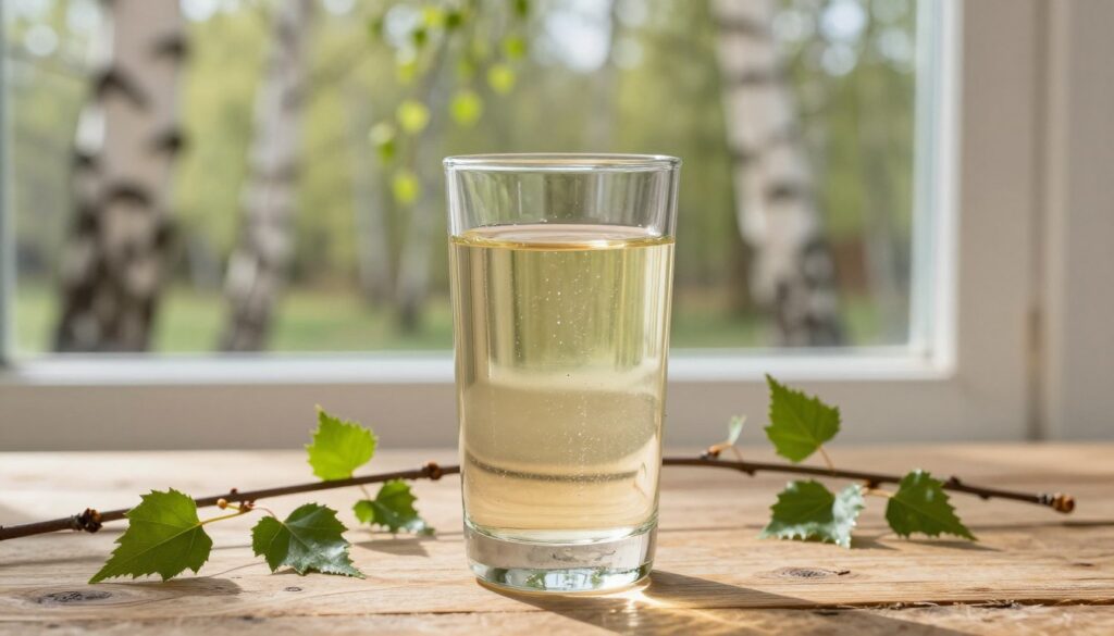 A glass of fresh birch sap, glistening and filled to the brim, placed elegantly on a rustic wooden table. The sap's clear, slightly golden color reflects soft natural sunlight streaming through a nearby window, creating a warm and inviting atmosphere. In the background, leafy birch trees are visible, their delicate branches swaying gently, hinting at the season of spring. A few birch branches with green leaves are artistically arranged beside the glass, showcasing the source of the sap. The scene is serene and refreshing, emphasizing the purity and natural aspect of birch sap. The composition should be captured with a shallow depth of field, focusing prominently on the glass while softly blurring the background for a dreamlike quality.