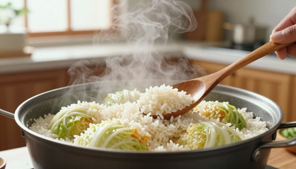 A kitchen scene depicting the cooling process of rice for stuffed cabbage, focusing on a large, steaming pot of freshly cooked rice being carefully poured into a wide, shallow bowl. The foreground features grains of rice glistening in the light, with steam rising gently. In the middle, a wooden spoon rests elegantly against the bowl, with some rice slightly spilling over the edge. The background shows a cozy kitchen with soft, natural lighting filtering through a window, illuminating the scene and highlighting the warm wooden cabinets. The atmosphere is inviting and calm, suggesting the careful preparation of ingredients.