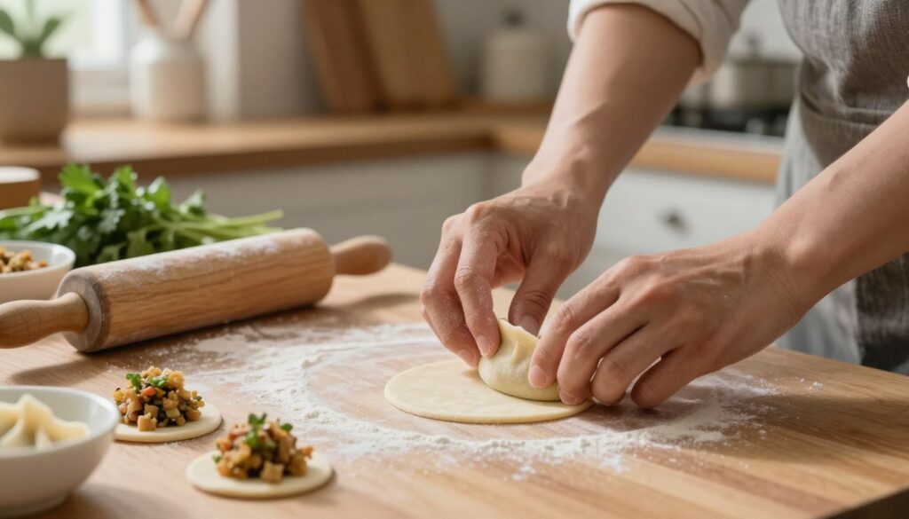 A kitchen scene focused on the art of shaping dumplings, showcasing a clean wooden countertop with freshly made dough and small portions of filling. In the foreground, a pair of hands skillfully forms a dumpling, demonstrating the techniques of sealing and rolling the edges for a perfect shape. Surrounding them are kitchen tools like a rolling pin, flour, and a small bowl with filling, all bathed in soft, warm lighting that enhances the inviting atmosphere. In the middle ground, a softly blurred background features a rustic kitchen setting with herbs and pots, adding to the homey feel. The mood is calm and focused, encouraging the viewer to appreciate the meticulous process of creating the perfect dumpling without stress.
