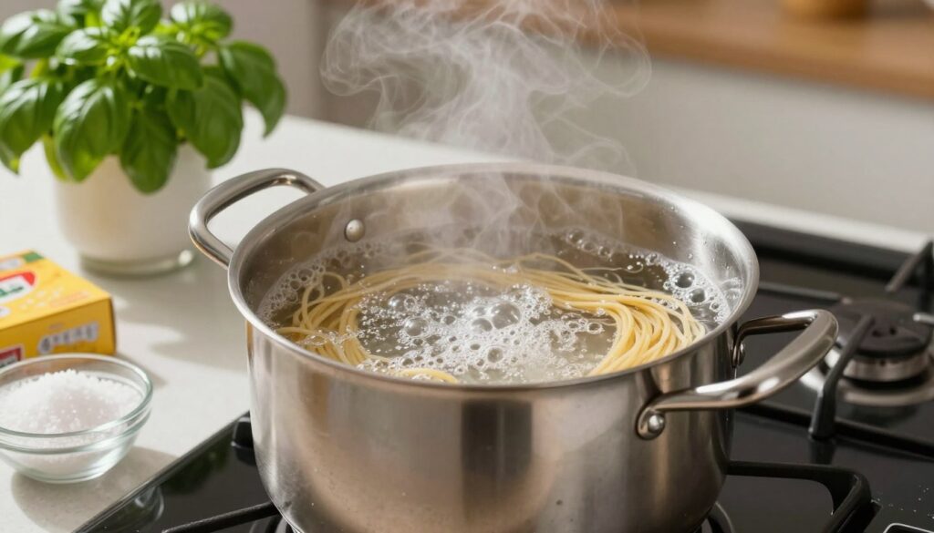 A large stainless steel pot filled with boiling water on a modern stovetop, steam rising gently into the air. Surrounding the pot are essential ingredients: a bowl of coarse salt and a box of uncooked pasta nearby, suggesting the step-by-step process of cooking pasta. In the background, a clean kitchen counter with a vibrant, fresh basil plant adds a pop of color, enhancing the culinary atmosphere. Soft, warm lighting illuminates the scene, creating an inviting mood that emphasizes the traditional aspect of cooking. The camera angle captures the pot from a slightly elevated perspective, focusing on the boiling water with bubbles rising, embodying the essence of perfect pasta preparation.