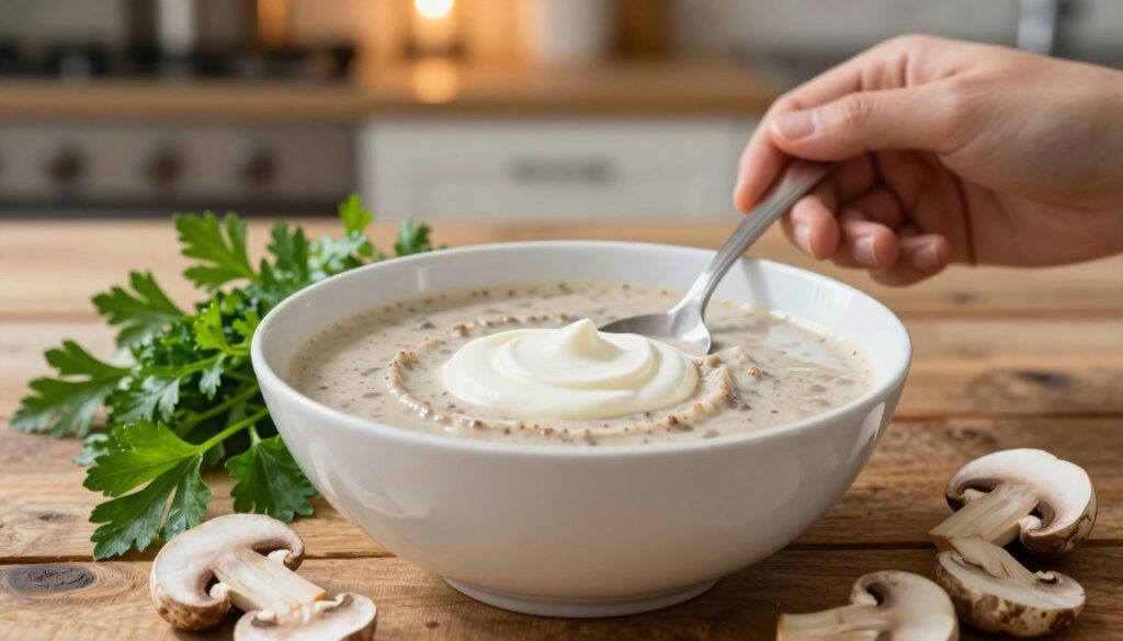 A luscious bowl of creamy mushroom soup, highlighted by a swirl of smooth, white sour cream, sits elegantly on a rustic wooden table. In the foreground, the bowl features a delicate frothy top, reflecting a velvety texture, inviting the viewer to experience its richness. Around the bowl, fresh parsley sprigs and thinly sliced mushrooms are artfully arranged, adding vibrant colors. In the middle ground, a soft-focus hand reaches for a spoon, capturing the essence of enjoying a comforting meal. The background is gently blurred to reveal a cozy kitchen with warm lighting, enhancing the homely vibe. The overall mood is inviting and comforting, perfect for a fall evening, emphasizing the creamy, light elegance of the dish. A luscious bowl of creamy mushroom soup, highlighted by a swirl of smooth, white sour cream, sits elegantly on a rustic wooden table. In the foreground, the bowl features a delicate frothy top, reflecting a velvety texture, inviting the viewer to experience its richness. Around the bowl, fresh parsley sprigs and thinly sliced mushrooms are artfully arranged, adding vibrant colors. In the middle ground, a soft-focus hand reaches for a spoon, capturing the essence of enjoying a comforting meal. The background is gently blurred to reveal a cozy kitchen with warm lighting, enhancing the homely vibe. The overall mood is inviting and comforting, perfect for a fall evening, emphasizing the creamy, light elegance of the dish.