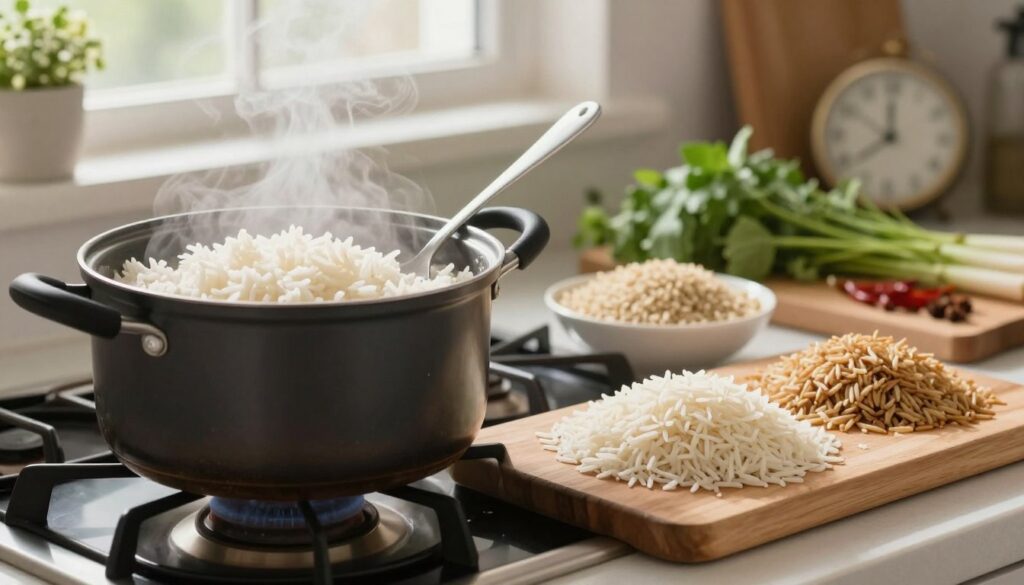 A meticulously arranged kitchen scene focused on a stovetop with a pot of simmering rice, showcasing different types of rice—basmati, jasmine, and brown—on a wooden cutting board nearby. The foreground features a close-up of a clock indicating the cooking time for each rice type. In the middle, steam rises from the pot, casting a warm glow, while a spoon rests against the pot's edge. In the background, soft natural light streams through a window, illuminating a few fresh herbs and spices. The atmosphere is inviting and homey, emphasizing warmth and culinary passion. Shot at eye level with a soft focus on the rice, creating an appealing and educational vibe without any text or overlays.