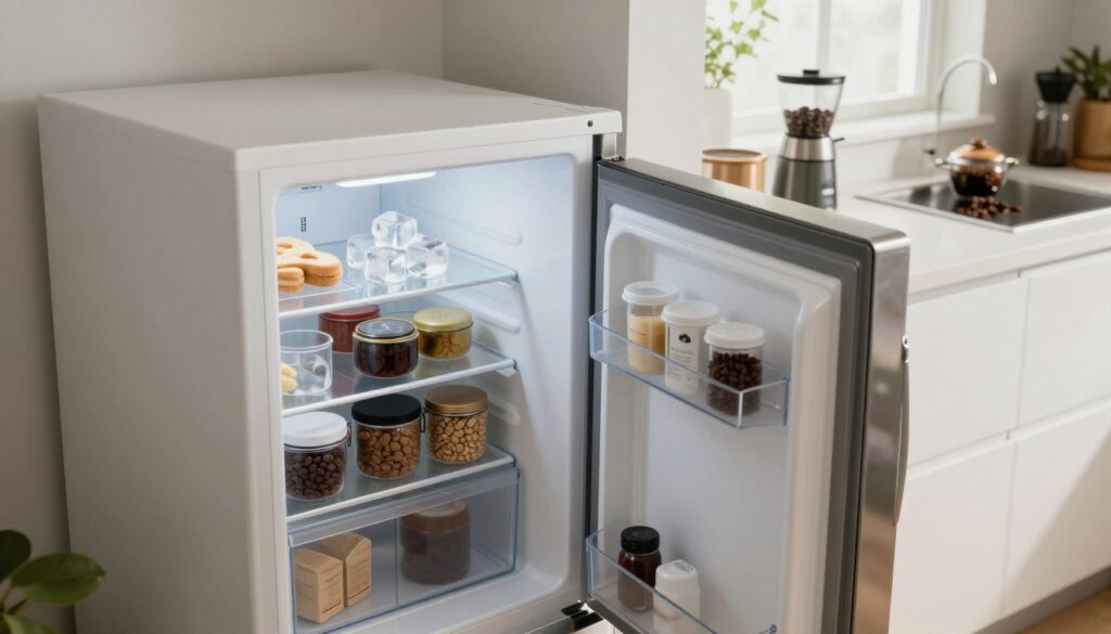 A modern kitchen scene featuring a refrigerator prominently in the foreground, mainly white with stainless steel accents, slightly ajar to reveal various coffee containers inside. The middle ground shows a small freezer compartment at the top, with ice cubes and a few neatly organized food items. In the background, soft natural light filters through a window, illuminating the kitchen's clean countertops adorned with coffee-related accessories like a grinder and fresh beans. The atmosphere is calm and inviting, emphasizing the importance of proper coffee storage. The angle is slightly tilted to create a dynamic perspective, with a focus on the refrigerator's interior contents.