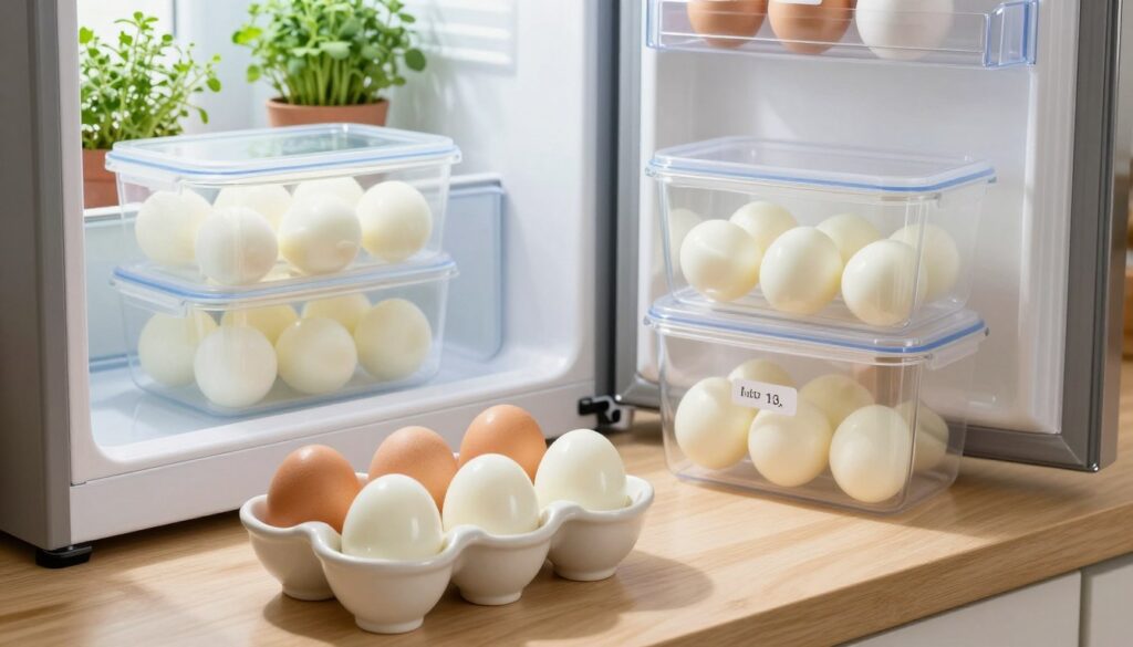 A neat and organized kitchen countertop showcasing various methods of egg storage, focusing on boiled eggs. In the foreground, a carefully arranged ceramic egg holder with several perfectly boiled eggs nestled in it, glistening under soft, natural light. In the middle, an open refrigerator with clear storage containers exhibiting boiled eggs, some labeled with dates for freshness. The background features a sunny kitchen window with potted herbs, adding a touch of vibrant greenery. The atmosphere conveys a sense of cleanliness and nurturing care, highlighting the importance of proper egg storage for freshness and safety. The lighting is bright and inviting, creating a warm homely feeling, shot from a slightly elevated angle to capture all elements harmoniously.
