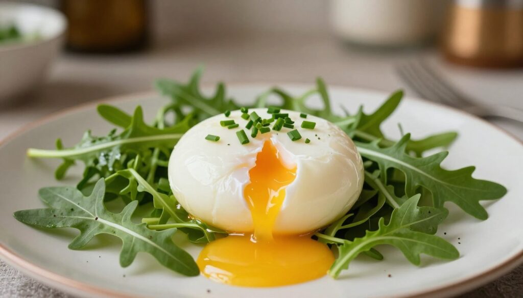 A perfectly poached egg sits center stage on a neatly arranged plate, glistening with a delicate sheen. The egg's whites are flawlessly set, encasing a bright, runny yolk that oozes gently when cut open. Surrounding the egg are vibrant, fresh greens—arugula and chives—adding a pop of color and freshness. In the background, there's a softly blurred kitchen setting with warm, inviting lighting that creates a cozy atmosphere. The image is shot from a slightly elevated angle to capture the egg's rounded form and the enticing textures of the garnishes. The overall mood is serene and appetizing, ideal for showcasing the beauty and simplicity of a well-made poached egg.