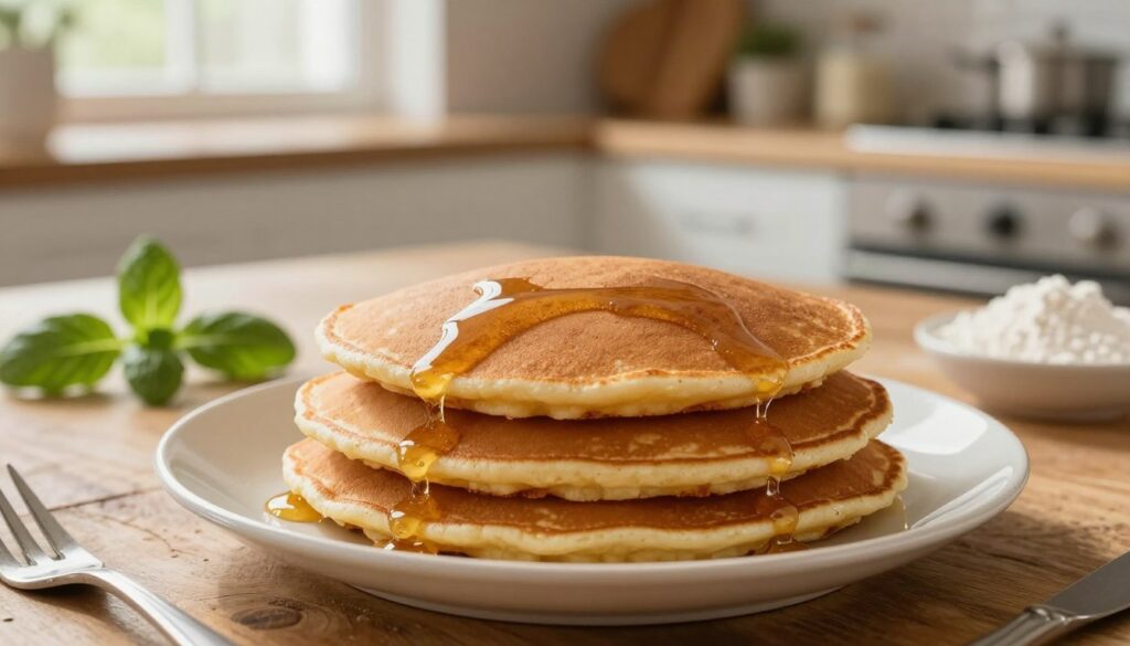 A plate of golden-brown pancakes, artfully arranged and stacked in the foreground, showcasing a soft texture indicating they are made without eggs. Crisp edges glisten with a light drizzle of honey or syrup, emphasizing their appeal. In the middle ground, a rustic wooden table is set with fresh herbs and subtle ingredients like flour and plant-based binders, suggesting alternatives to eggs. The background features a warm, inviting kitchen atmosphere, with soft, natural light streaming in from a nearby window, creating an inviting and homely feel. The focus is on the pancakes, highlighting their appeal and perfect texture, while the kitchen setting conveys a sense of comfort and warmth in cooking.