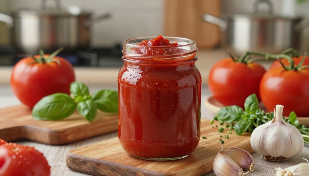 A rich and inviting scene featuring a glass jar of tomato concentrate (koncentrat przecier pomidorowy) in the foreground, glistening under warm, soft lighting. The jar is filled with a thick, deep red paste, capturing the essence of ripe tomatoes. Beside it, there are fresh tomatoes, a small bowl of aromatic herbs like basil and oregano, and a couple of cloves of garlic, arranged artfully to enhance the composition. In the middle ground, a rustic wooden cutting board is partially visible, adding texture to the scene. The background fades softly into a cozy kitchen setting, with blurred pots and pans hinting at the process of cooking. The atmosphere conveys warmth and home-cooked comfort, inviting the viewer to imagine the deep flavors about to be created.