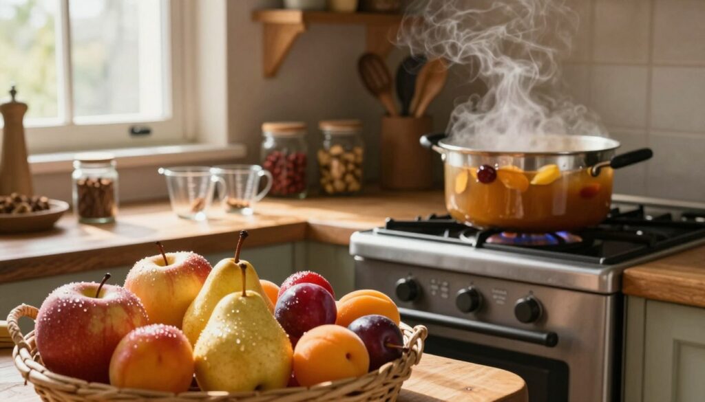 A rustic kitchen scene featuring a pot of simmering dried fruit compote on a wooden stove, steam wafting upward. In the foreground, an assortment of colorful dried fruits – apples, pears, plums, apricots – are carefully arranged in a woven basket, hinting at the preparation process. Soft sunlight filters through a nearby window, casting a warm glow over the scene, highlighting droplets of moisture on the fruit. In the middle ground, a wooden table displays a couple of measuring cups and a spice jar, emphasizing the step-by-step preparation theme. The background showcases rustic shelves filled with jars of spices and kitchen utensils, enhancing the cozy, traditional atmosphere. Aim for a gentle, inviting mood that evokes the festive spirit of holiday cooking.