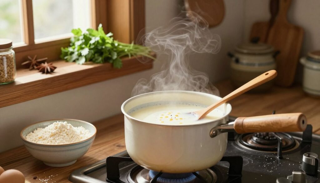 A rustic kitchen scene featuring a small pot filled with milk simmering gently on a stove. Next to the pot, a bowl of cornstarch sits, with a wooden spoon resting on the rim. Soft, warm light filters through a nearby window, casting gentle shadows and creating a cozy atmosphere. In the background, wooden shelves are adorned with fresh herbs, spices, and a few traditional kitchen utensils, enhancing the homey feel. Steam rises from the pot, hinting at its creamy texture. The overall mood is inviting and warm, emphasizing the kitchen as a space for culinary creativity. The composition should capture the focus on the milk and cornstarch while ensuring a harmonious balance within the kitchen setting.